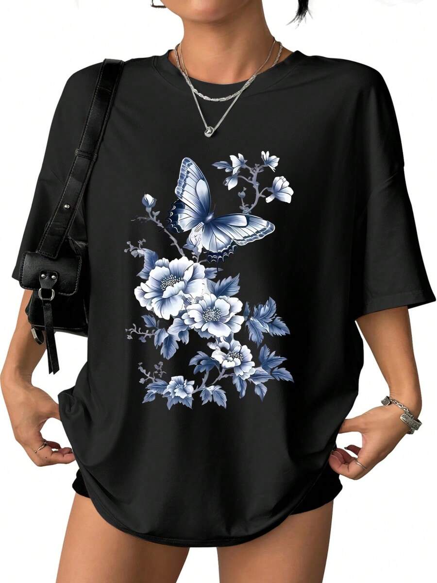Men's And Women's Casual Cotton T-Shirts, New Spring/Summer Collection, Blue And White Butterfly Print, Blue And White Porcelain-Style Design, Soft And Comfortable Fabric, Casual And Versatile, Summer Wear, Great As A Gift, Local Store. JMCX - 黑色 - 查看 1
