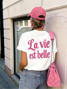 Made Of Cotton And Printed With The Phrase "La Vida Hermosa" (Beautiful Life), This Crew Neck T-Shirt Is A Spring/Summer Style For Women, With A Loose, Sweet, And Cute Design. A Modern And Simple T-Shirt With An Urban Style, This Short-Sleeved Women's T-Shirt Is Made Of Lightweight And Breathable Fabric. QFGP - 黑色 - 查看 9