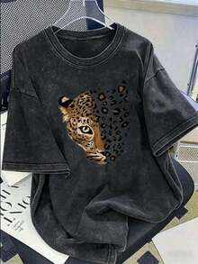 2026 Nueva Moda en Ropa Vintage de Verano, Nueva Camiseta Vintage con Estampado de Cara de Leopardo, Cuello Redondo Casual, Manga Corta Tie-Dye, Hermosa Blusa Versátil Personalizada para Mujer, Tops Holgados y Cómodos para Mujer, Moda Coreana para Mujer - Negro - Ver 6