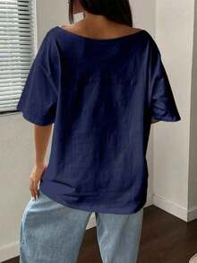 Y2K style,Fashionable styel,2026 newest,cute style,Causal style,blusas para mujer>ropa. Camiseta oversize de talla grande para mujeres con estampado gráfico de fruta naranja y cuello asimétrico, estilo Y2K, para el verano180g(S-XXXL) - Azul marino 2 - Ver 2