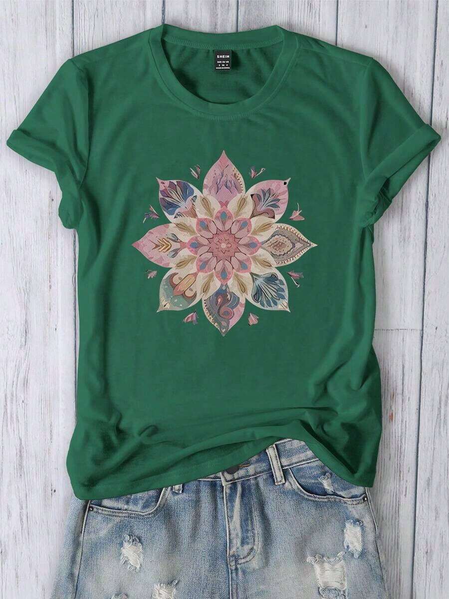 Y2K Style, Fashionable Style, 2026 Newest, Cute Style, Casual Style. Women's Retro Floral Print Slim Fit Casual T-Shirt For Summer 180g (S-XXXL) - 綠色的 - 查看 1