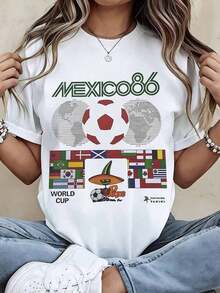 1pc White T Shirt Mexico 86 World Cup Football Graphic Print Casual Wear For Women And Men, Soft Cotton, Round Neck, 100% Cotton, Soft Fabric, Short Sleeve, Breathable And Cool - 白色 - 查看 2