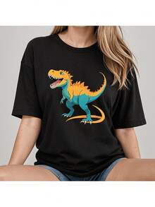 Great Offer: Women's Casual Round Neck T-Shirt With Colorful Dinosaur Print, Slightly Stretchy, Regular Fit And Short Sleeves, Ideal For Sports And Everyday Wear. - 黑色 - 查看 8