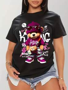 Women's T-Shirt With Chaoku Bear Print, Short Sleeve, Black Round Neck, Conventional Casual Version Of T-Shirt Fabric, Comfortable For All Seasons, Suitable For Daily Wear And As A Gift For Friends And Family. - 黑色 - 查看 8