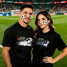 Couple football pattern T-shirt, 100% cotton, loose fitting, soft and breathable, casual round neck short sleeved top Monte Carlo Soccer Ball Pattern Printed patterns, dating, leisure travel, gatherings, simple cartoon printing style, high cost-effectiveness Suitable for watching live sports games, - Negro - Ver 1