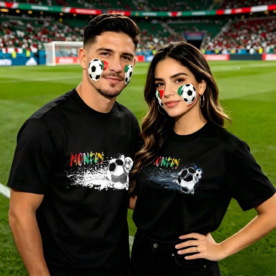 Couple football pattern T-shirt, 100% cotton, loose fitting, soft and breathable, casual round neck short sleeved top Monte Carlo Soccer Ball Pattern Printed patterns, dating, leisure travel, gatherings, simple cartoon printing style, high cost-effectiveness Suitable for watching live sports games, - Negro - Ver 1