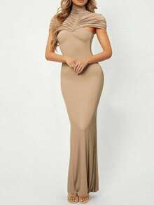 French Maxi Dress With Straps, Plain, Spring 2026, Elegant Fitted Cut - 卡其色 - 查看 3