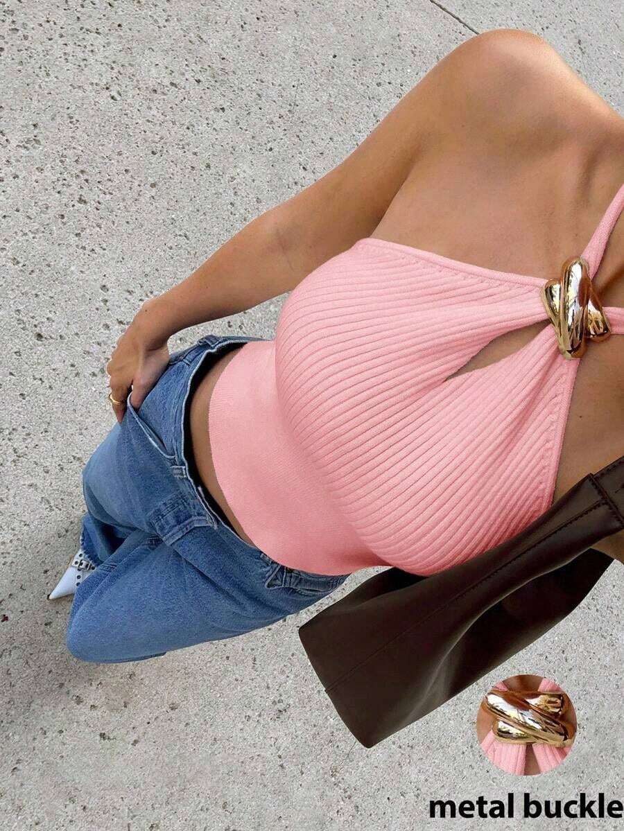 2026 Halter Neck Knitted Tops Women, Metal Button Decorated Tops, Autumn Women's Clothing, Tube Tops Streetwear Women, Oing Out Tops Women Knit Top,Back To School Clothes Sexy Tops Women,Halter Tops Chic Summer Casual - Rosa Pálido - Ver 1