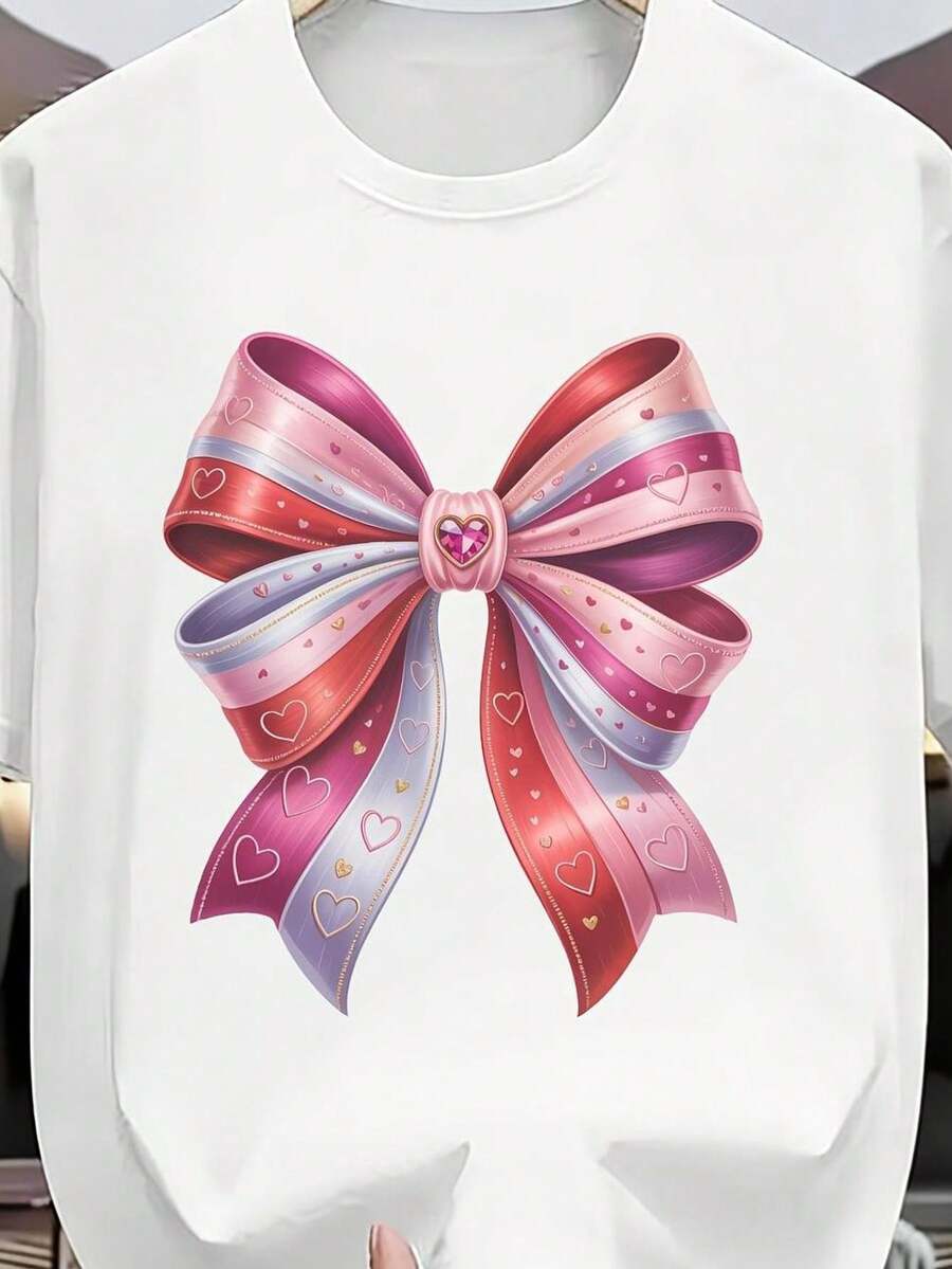 Pure Cotton Crew Neck Short-Sleeved T-Shirt With A Bow Design, Perfect For Valentine's Day. Fun And Unique, Ideal For Men And Women. Great For Everyday Casual Wear, Sports Training, Outdoor Activities, And Parties. - 白色 - 查看 1