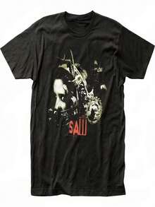 High-Quality Pure Cotton T-Shirt With Head Torture Print From The Saw Horror Movie For Women, Pastel Retro Gothic Style, Decadent Aesthetic. - 黑色 - 查看 1