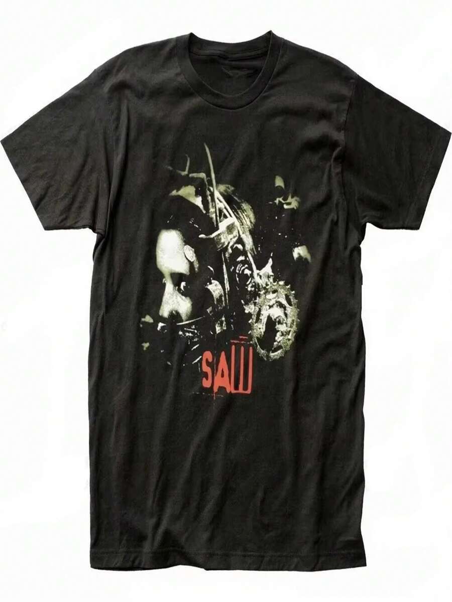 High-Quality Pure Cotton T-Shirt With Head Torture Print From The Saw Horror Movie For Women, Pastel Retro Gothic Style, Decadent Aesthetic. - 黑色 - 查看 1