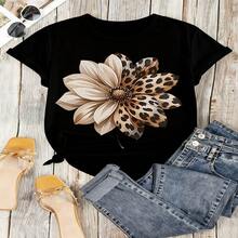 Floral Leopard Print Graphic T-Shirt, 100% Cotton Oversized Soft Breathable Casual Crewneck Short Sleeve Top, Summer Vibes Aesthetic Streetwear Tee For Women & Nature Lovers - 黑色 - 查看 12