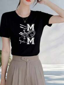 NEW Women's American Football Mom T-Shirt With Ball And Heart Design, Casual Sporty Vintage Street Style, Unisex Loose Cotton Short Sleeve Crew Neck T-Shirt - 黑色 - 查看 2