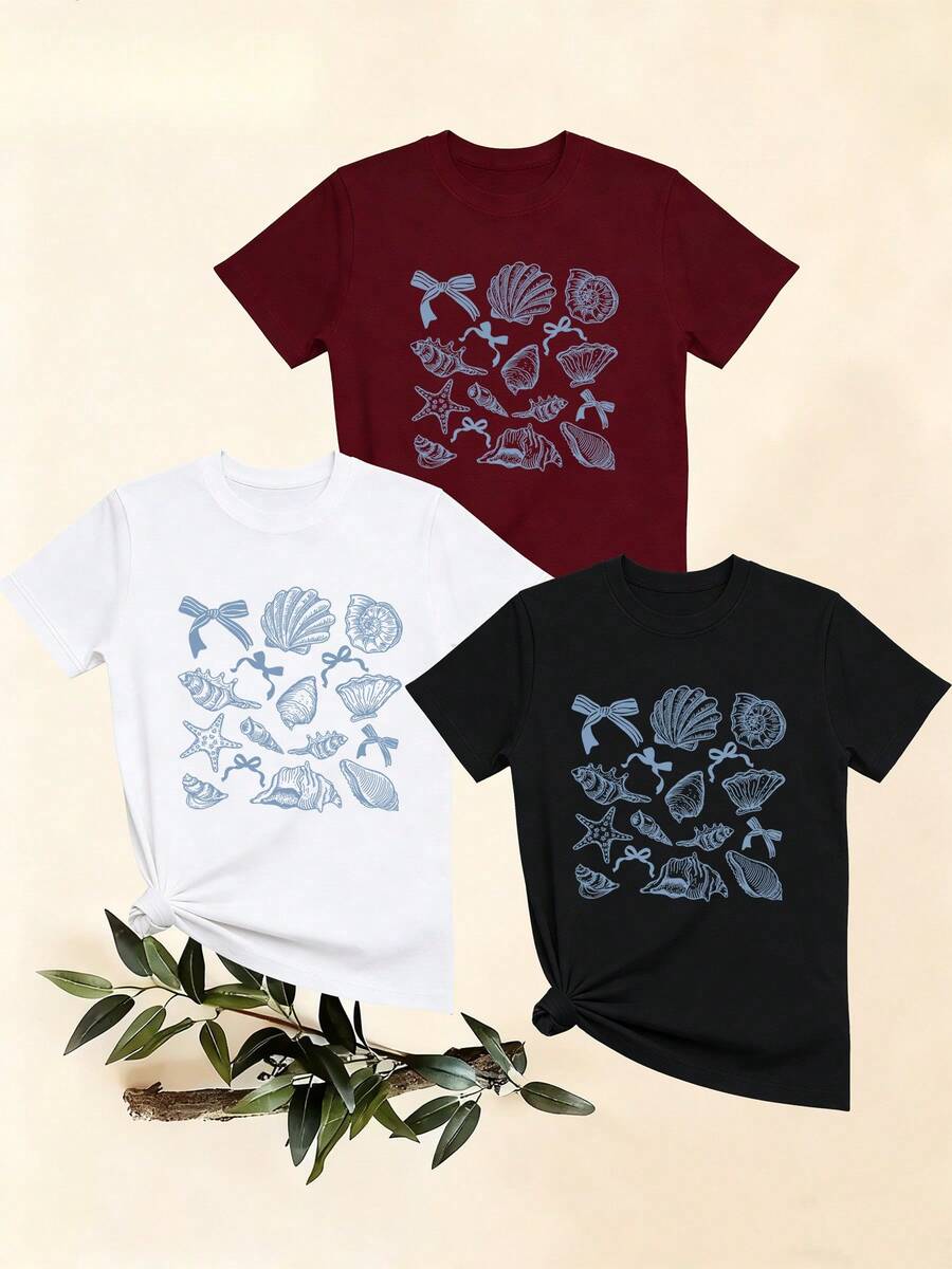 Women's T-Shirts, Women's T-Shirts, Casual One-Piece T-Shirt With Sea Creature Print, Comfortable And Breathable Short-Sleeved Summer Top With Round Neck, Loose And Versatile Sweater. - 1件白色隨機圖案 - 查看 1