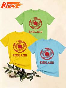Women's T-Shirts, Women's T-Shirts, Short-Sleeved T-Shirt With Round Neck, Casual Sporty Style, With Football Print And England Lettering. - 1件白色隨機圖案 - 查看 6