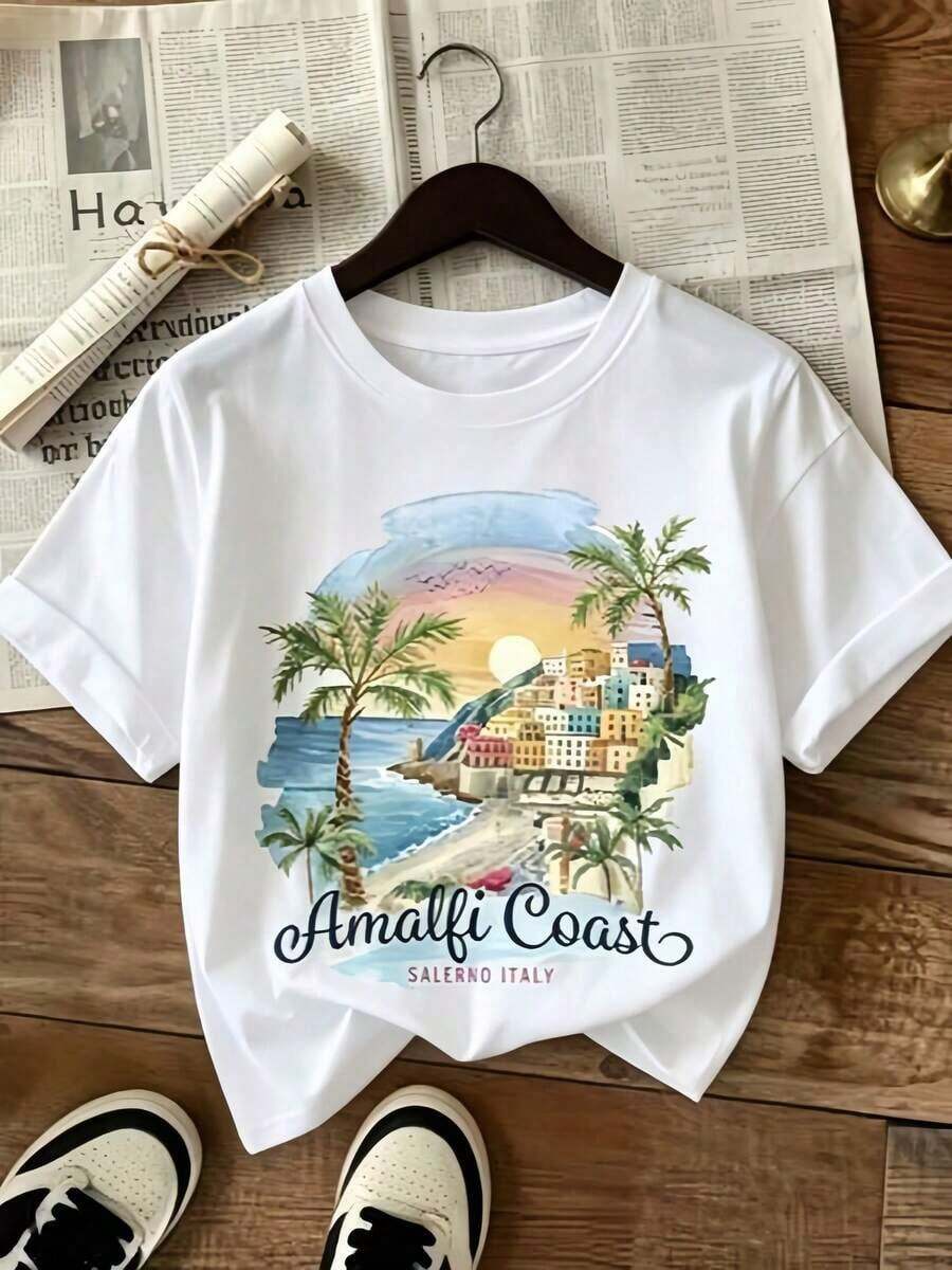 Gift: 1 White Women's T-Shirt With Amalfi Sunset Print, Round Neck, Casual Cotton T-Shirt, Medium Stretch Knit Fabric, Regular Fit For Ladies, Ideal For Spring/Summer/Autumn, Soft. - 白色 - 查看 1