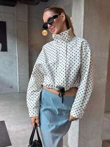 Chaqueta Holgada de Manga Larga con Estampado de Lunares para Mujer, Moda de Otoño, Cuello Alto con Cierre de Cremallera - Blanco - Ver 9