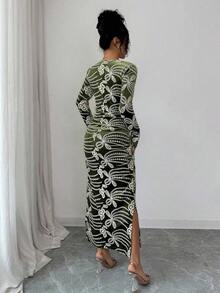 Vestido con estampado floral de primavera y verano, vestido elegante de manga larga transparente con dobladillo de sirena ajustado para festival de música, boda, fiesta, vestido de paseo - Verde - Ver 5