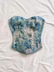 Blusa de tirantes con estampado floral vintage bohemio, elegante y tropical, ideal para vacaciones, boda en la playa, graduación, brunch, Día de San Patricio, Spring Break, Pascua, festivales de música, otoño/invierno - Azul - Ver 4