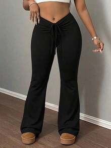Nuevos Pantalones Acampanados De Talle Alto Con Envoltura En Color Sólido Simple Para Verano 2024 - Negro 3 - Ver 1