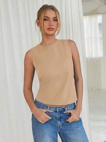 1 pieza Blusa elegante sin mangas de unicolor con espalda descubierta y lazo - Caqui - Ver 2