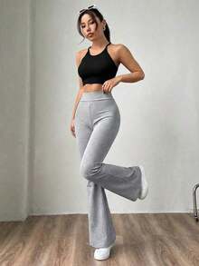 Pantalones de punto azul marino con campana para mujer - Gris - Ver 3