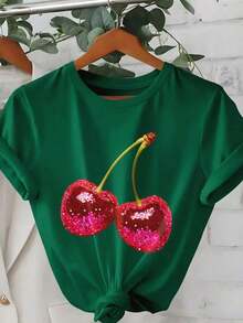Camiseta de mujer, camiseta de manga corta con gráfico de estilo casual de calle, top de verano lindo - Verde 3 - Ver 1