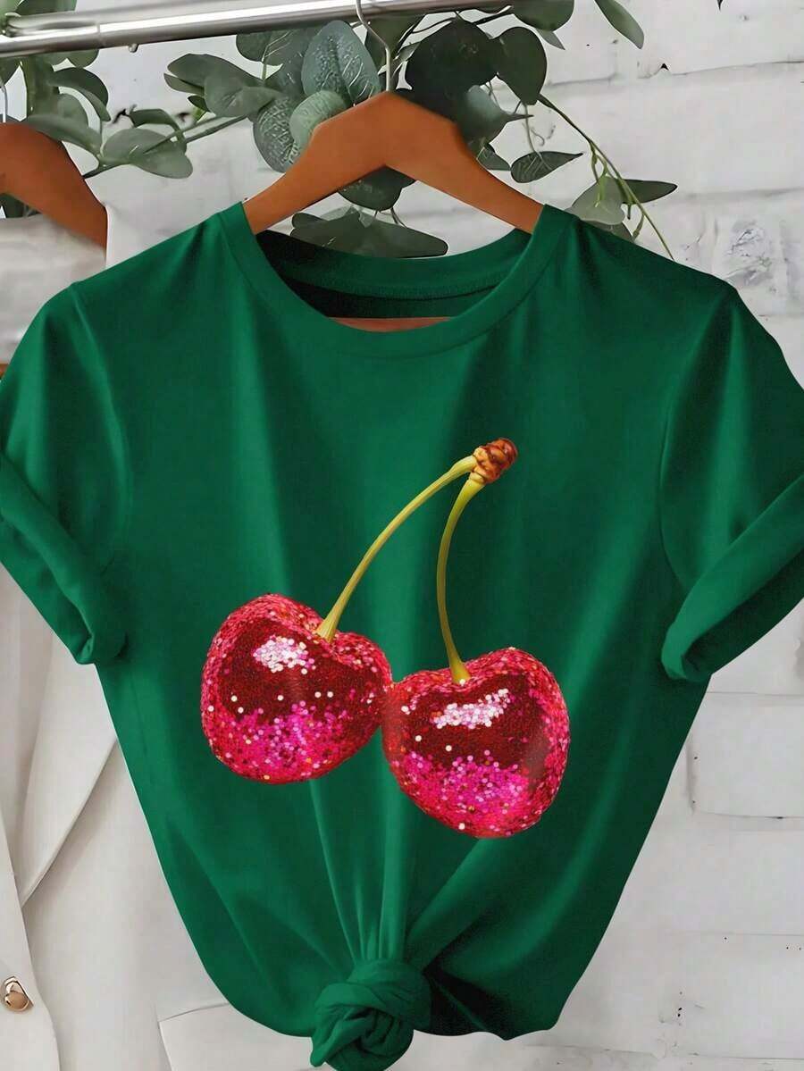 Camiseta de mujer, camiseta de manga corta con gráfico de estilo casual de calle, top de verano lindo - Verde 3 - Ver 1