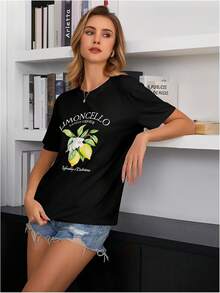 SweatyRocks - Women's Casual Short Sleeve T-Shirt With Letter And Fruit Print - 黑色 - 查看 3