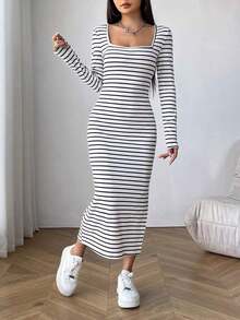 Vestido ajustado de cuello cuadrado de rayas apretadas en blanco y negro - Blanco y Negro - Ver 6