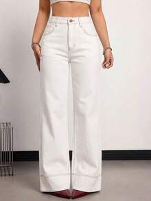 Tall Jeans de tiro alto, de pierna ancha y holgados, con bolsillos, versátiles, para uso casual en verano y primavera, elegantes para bodas y el Día de San Valentín - Blanco - Ver 5