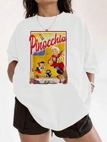 A Nostalgic Illustration Showing A Cheerful  With His Creator Gepetto In A Colorful And Magical Scene, Inspiring Innocence And Adventure. A Comfortable And Casual Women's T-Shirt For Everyday Wear. - 白色 - 查看 1