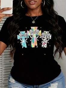 1 Piece Christian T-Shirt For Women With Bible Verse Matthew 28:6 "He Has Risen" And Easter Cross, Gift Of Faith For Spring, White, 180g, 100% Cotton - 黑色 - 查看 3
