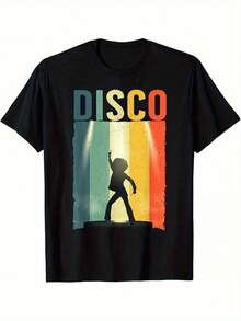 1 Stück Retro Disco Dance Party Grafik-T-Shirt für Männer & Frauen - 100% Baumwolle 180 g/m² Rundhals-Kurzarmshirt mit kräftigem DISCO-Schriftzug & farbenfroher Silhouettenkunst - Locker geschnittenes Freizeitshirt für Konzerte, Festivals, Nachtleben - Maschinenwaschbares Sommer-Festival-Outfit, Sommer-T-Shirt, Disco-Party-Bekleidung, atmungsaktiver Stoff - Schwarz - Übersicht 2