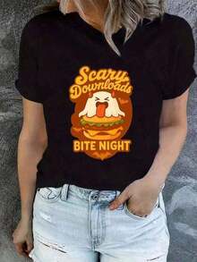 Women's Halloween T-Shirt - Scary Shocking Night Of Bites Graphic Tee - Black With Orange Horror Design - Casual Crew Neck T-Shirt For Halloween Party Costume - Spooky Clothing For All Year Round, Halloween Clothes, Seasonal Fashion, Fun Print, Durable Fabric, Printed Top, For Horror Fans, Comfortable Fit, Short Sleeve T-Shirt, Printed Clothing, For Partygoers, Loose And Comfortable - 黑色 - 查看 6