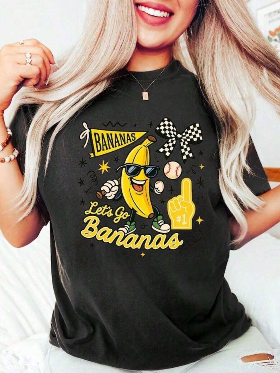 Graphic T-Shirts, Funny Banana Baseball T-Shirt, Sports Team Mascot T-Shirt, Banana Hip Hop T-Shirt, Funny Baseball T-Shirt, Baseball Gift, Baseball Lover - 黑色 - 查看 1