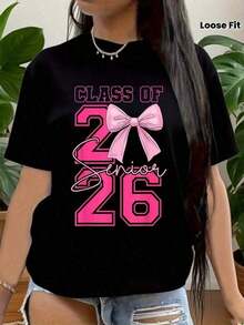 Women's Class Of 2026 Senior Mom T-Shirt, Plus Size Flirty Lace Graduation Tee, Preppy Bow Class Of 2026 Tee, 2026 Graduation Party Gift Tee, High School Senior Tee, Perfect Gift For Graduating Moms, Casual Style Celebration Wear, High Quality Fabric, Machine Washable - 黑色 - 查看 7