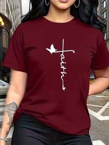 The "Faith" Design Incorporates Christian Cross And Butterfly Prints, Which Are Stylish And Fashionable. This Simple, Casual, And Versatile Women's Short-Sleeved T-Shirt With A Round Neck Is Suitable For Leisure, Travel, Vacations, And Other Activities. Made From Pure Summer Cotton. - 紅色 - 查看 2