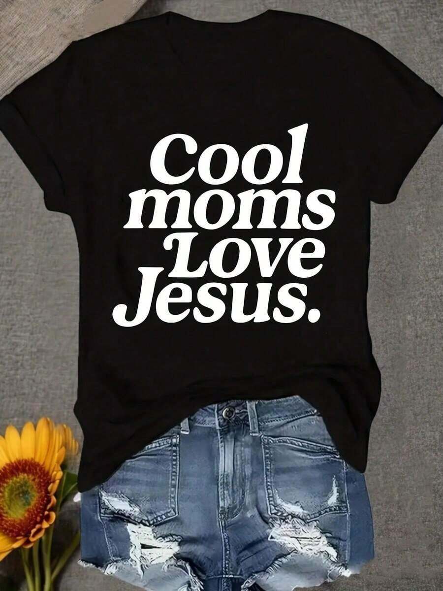 1 pieza Camiseta de manga corta con cuello redondo para mujer cristiana, con estampado 'Cool Moms Love', informal, para eventos religiosos y atuendos casuales, ropa religiosa para mamás, camiseta gráfica de manga corta con cuello redondo para mujer, para todas las estaciones, temática de Pascua, uso diario informal, conjuntos para festivales, tops de verano para mujer, conjuntos de verano, camisas, camisetas para mujer, playeras, playeras de mujer, estilo vintage, atuendo de Pascua para mujer, tops de talla grande para el Día de la Madre, 180g 100% algodón. - Negro - Ver 1
