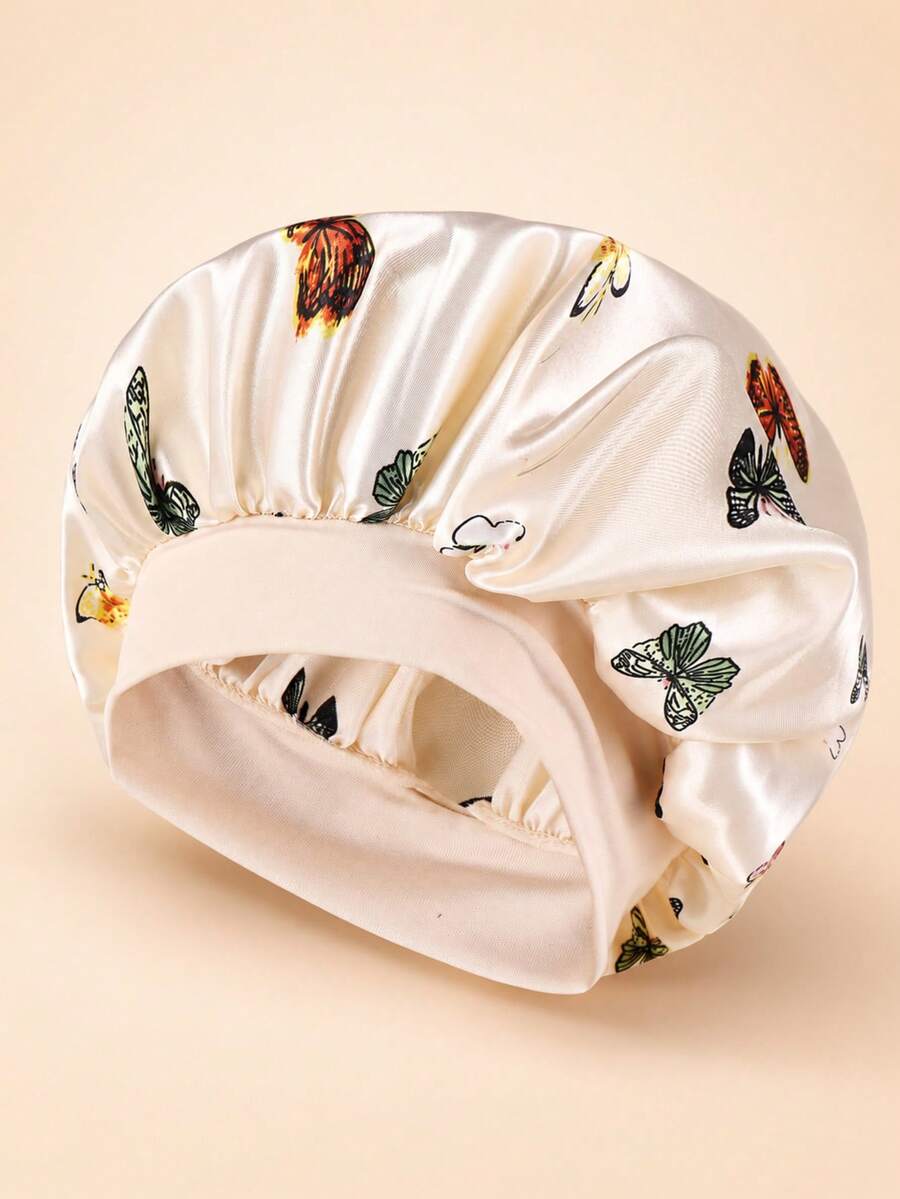 Topi Tidur Satin Satu Lapis Motif Kupu-kupu Terbaru, Topi Tidur dengan Karet Elastis Longgar, Topi Tidur Pelindung Rambut Lembut dan Ringan, Cocok untuk Pemakaian Sehari-hari di Rumah, Warna Krem - Krem - View 1