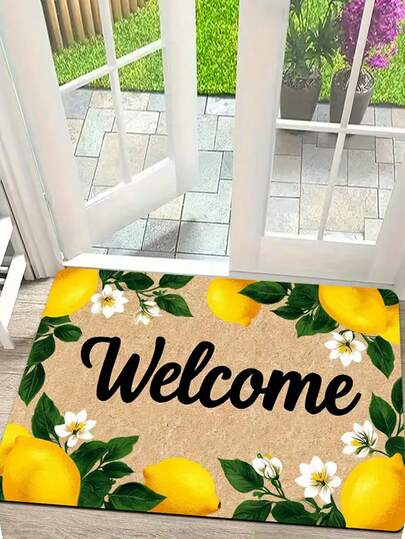 1pc "Lemon Garden Welcome" Minimalist Modern Lemon Pattern Doormat, Outdoor Patio/Garden Entryway Mat, Mediterranean Style Villa Entrance, Velvet Material