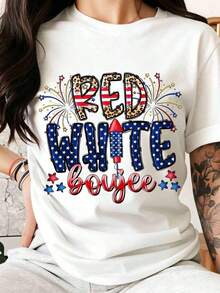Women's Red And White Patriotic T-Shirt With Fireworks Design For Independence Day, 4th Of July Celebration, American Flag Design, Leopard Print, Sparkling Stars, Casual Top - 白色 - 查看 1