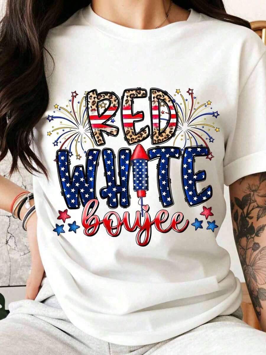 Women's Red And White Patriotic T-Shirt With Fireworks Design For Independence Day, 4th Of July Celebration, American Flag Design, Leopard Print, Sparkling Stars, Casual Top - 白色 - 查看 1