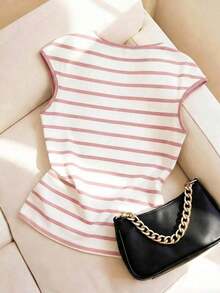 Camiseta de punto de rayas ajustada, estilo minimalista francés, top casual de manga corta, ideal para fiestas, primavera/verano - Rojo y blanco - Ver 2