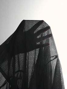 Sudadera deportiva con capucha, holgada, con hombro caído, manga corta y perspectiva suelta de unicolor para mujeres - Negro - Ver 6