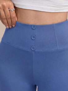 Leggings de cintura alta de unicolor cómodos y casuales para mujer - Azul - Ver 6