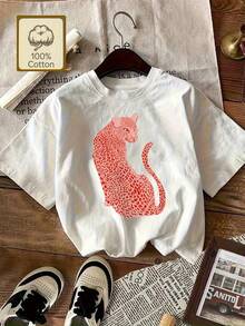 Camiseta Casual de Manga Corta con Estampado de Leopardo y Cuello Redondo para Mujer Talla Grande, Color Rojo - Plus Size - Blanco - Ver 1