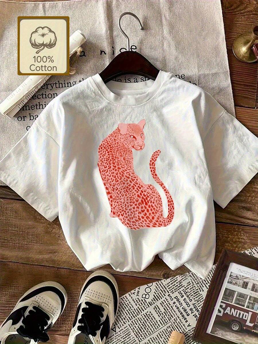 Camiseta Casual de Manga Corta con Estampado de Leopardo y Cuello Redondo para Mujer Talla Grande, Color Rojo - Plus Size - Blanco - Ver 1