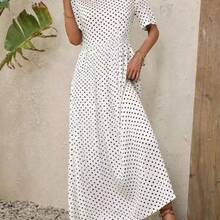 Polka Dot Print Smock Dress Maxi Women Outfit - Blanco - Ver 2