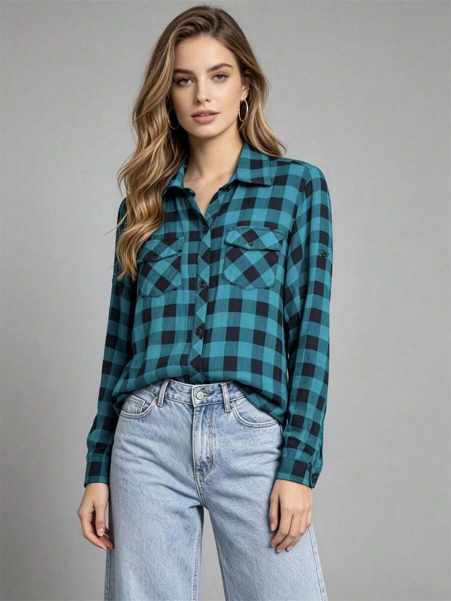 Women's Long-Sleeved Shirt, Beautiful Viscose Fabric. - 綠色/黑色 - 查看 1